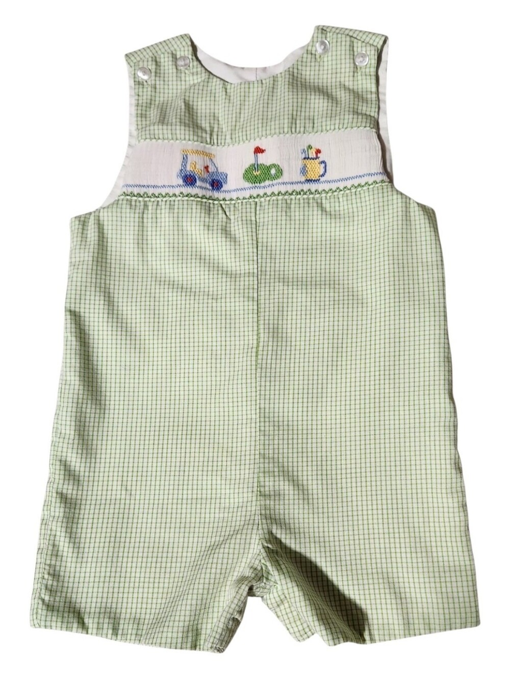 Petit Bebe Golf Smocked Jon Jon Green Gingham Shortall Romper Baby Boy Size 18M